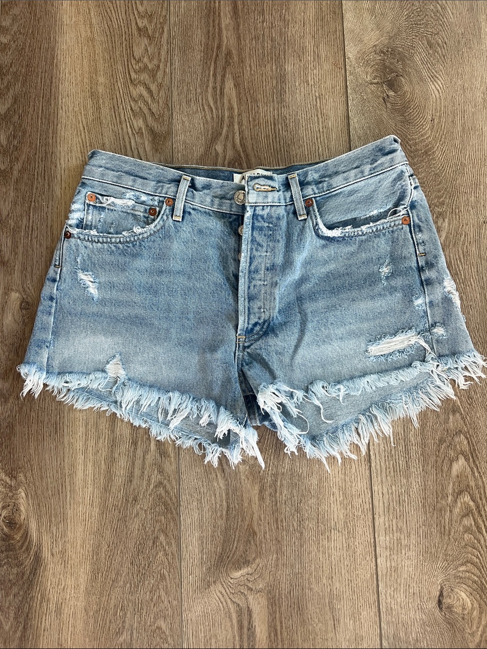 Agolde Parker Light Wash Frayed Hem Denim Shorts